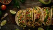 Overhead of soft tacos with chicken  corn  avocado and lime.