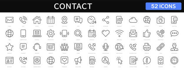 Fototapete - Contact thin line icons set. Basic contact icon collection. Phone, website, e-mail, message, chat symbol. Vector
