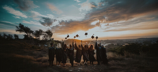 Group of graduates seen from behind look at the sunset. End of studies, success, arrival, happiness, looking to the future. Epic photo, graduation headdress launch.