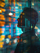 © Synthetica - Business man investor thinking on financial exchange business investment risks management strategy on global market data world trade charts ai technology background concept. Double exposure.