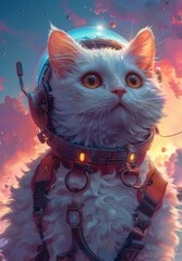 Wall Mural - cute cat astronaut with a red hat and a helmet in a night sky. 3 d illustration