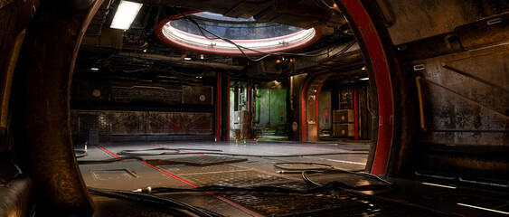 Wall Mural - Abandoned dystopian future underground industrial environment. 3D render.