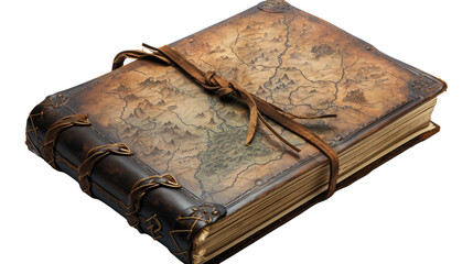 A weathered old book featuring a detailed map on its cover, showcasing a world of exploration and mystery