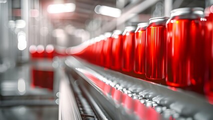 Wall Mural - Beer cans being transported on a conveyor belt in a brewery bottling process. Concept Beer, Cans, Conveyor Belt, Brewery, Bottling Process