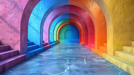 Canvas Print - A colorful tunnel with stairs leading to a rainbow colored wall, AI