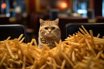 Wall Mural - AI-generated illustration of a cat pictured with a heap of French fries