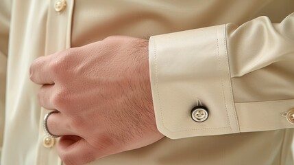 Wall Mural -   A tight shot of a hand in a dressed-up setting, wearing a dress shirt with a lapel button fastened