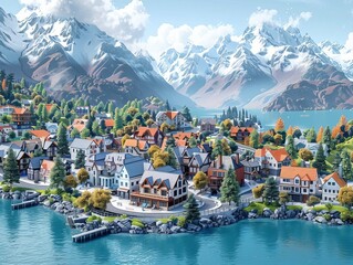 A beautiful lakeside town nestled in the mountains. The water is crystal clear and the sky is a deep blue. The town is full of charm, with its colorful houses and quaint shops.