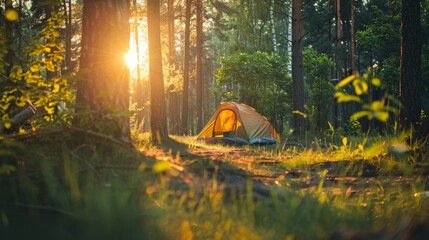 Summer forest camping adventure. enjoying the great outdoors in the woodland wilderness