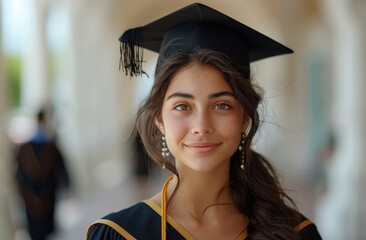 Wall Mural - young latin girl wearing graduate gown with cap smiling at camera