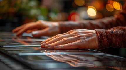 Wall Mural -   A tight shot of fingers hovering above a keyboard, lights faintly blurred behind