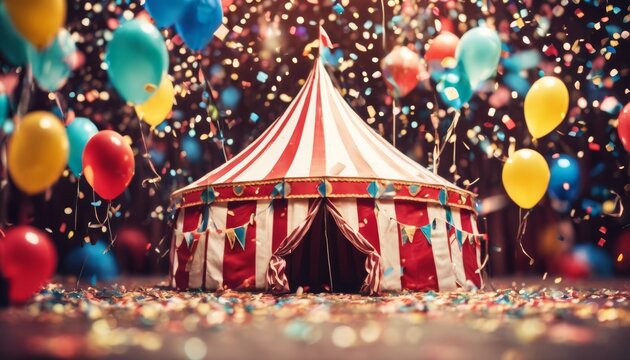 'Circus confetti. confetti balloons tent ai generative illustration fun carnival party background design holiday festival celebration balloon birthday happy entertainment cartoon s'