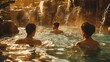 Craft an image depicting men rejuvenating in a paradise hot spring