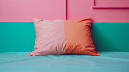 Wall Mural -   A close-up of a pillow on a bed against a pink-blue wall backdrop