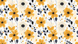 A seamless vector pattern with stylized yellow and white flowers and leaves on a light yellow background.