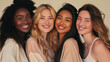 © Synthetica - Diverse women group, different multiethnic girls models standing together on background looking at camera advertising beauty cosmetic skin care products. Aesthetic portrait.