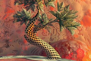 Sticker - A depiction of a surreal 3D plant, with fractal leaves and a geometrically patterned stem