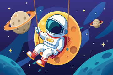 Wall Mural - a cartoon astronaut is swinging on a moon