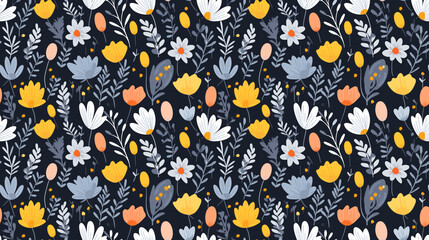 Wall Mural - A seamless pattern of colorful flowers and leaves on a dark blue background