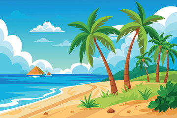 Wall Mural - A beautiful beach scene with palm trees and a blue ocean