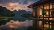 modern cabin over the lake , water, lake, sunset, sky, landscape, nature, reflection, sun, river, sunrise, clouds, sea, calm