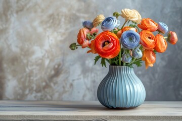 Poster - Blue and orange flowers arranged in a modern vase in a minimalist interior