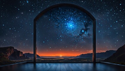 Wall Mural - AI generated illustration of an open window framing a view of the starry night sky