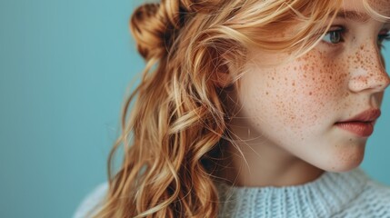 a tight shot of a young girl's face, adorned with freckles dotting her complexion her unruly locks f