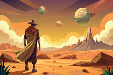 Wall Mural - a man in a cowboy hat stands in a desert with a view of three planets in the sky