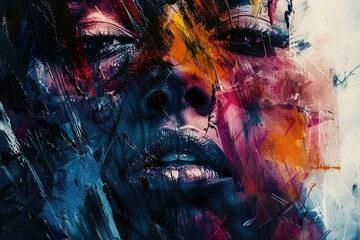 Sticker - A dramatic and intense abstract portrait with a high-contrast color scheme, conveying a powerful and impactful visual statement