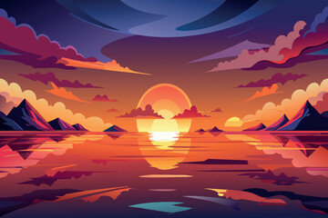 Wall Mural - A beautiful sunset over a calm lake with mountains in the background