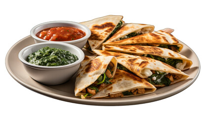 A white plate topped with golden quesadillas and a side of vibrant salsa on transparent background