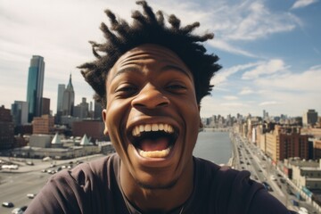 Wall Mural - african american young man happy and surprised expression. city background