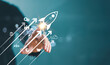 © MT.PHOTOSTOCK - Increase strategy busines plan trend concept. Achieve growth goal sale marketing, increase success potential, soar rocket towards wealth. Competitive business rocket with up arrow investment icon