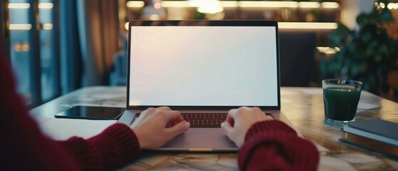 Business person working online or learning using laptop mock up blank white empty screen, hands typing on computer background close up view. Mockup display for ads. Close up view.