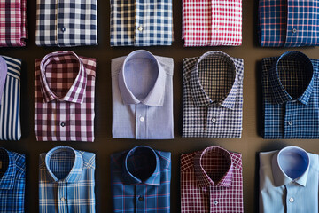 Wall Mural - Variety of folded men's dress shirts arranged in a flat lay on a dark surface