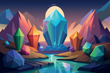 Wall Mural - A colorful mountain landscape with a large crystal in the center