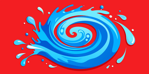 Wall Mural - A vibrant blue swirl with water droplets is depicted against a bright red background. It evokes the feeling of dynamic motion and fluidity as if representing a stylized wave or liquid in motion.AI gen