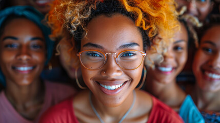 Wall Mural - A group of women with different hair colors and styles are smiling and posing for a picture. Scene is happy and friendly, as the women are enjoying each other's company and sharing a moment together