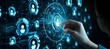 © Being Imaginative - A Hand is Touching User Icon in a HUD Environment. CRM (Customer Relationship Management) Concept Banner