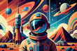 © GMZ - A colorful space scene with a man in a spacesuit standing in front of a rocket