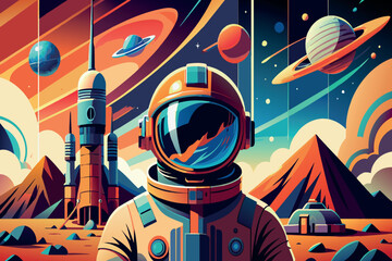 Wall Mural - a colorful space scene with a man in a spacesuit standing in front of a rocket