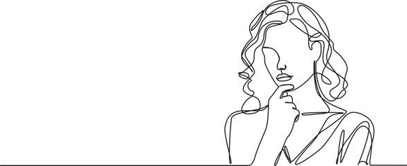 Wall Mural - continuous single line drawing of woman in skeptical post, hand on chin, line art vector illustration