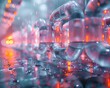 © Nat - A glowing blue and pink circuit board with a chain of clear tubes filled with a glowing orange liquid. The background is a blur of red and orange lights.