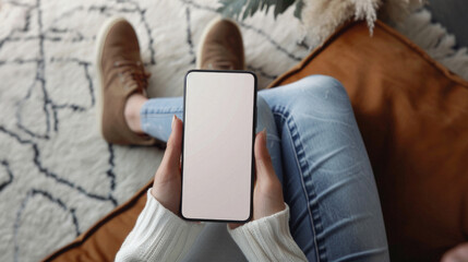 Wall Mural - Business person man or woman holding smartphone showing mock up blank white empty mobile phone screen, hands using cellphone close up view. Mockup display for applications ads.