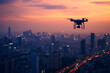 one drone over city at summer sunset or sunrise. Neural network generated image. Not based on any actual scene or pattern.