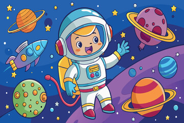 Wall Mural - a cartoon of a little girl in a spacesuit standing on a planet with a rocket beh