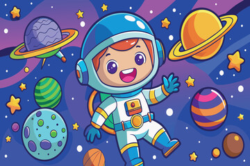 Wall Mural - a cartoon of a boy in a spacesuit with a smile on his face