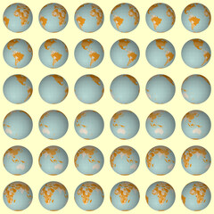 Poster - Collection of planet globes. Normal sphere view. Rotation step 10 degrees. Colored countries style. World map with sparse graticule lines on chromatic background. Majestic vector illustration.