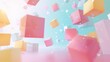© SKIMP Art - Colorful geometric shapes flying in the air, with a pastel colored background in light white and pink tones Generative AI